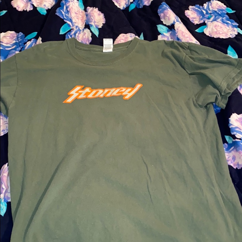 Large olive green Post Malone t-shirt.